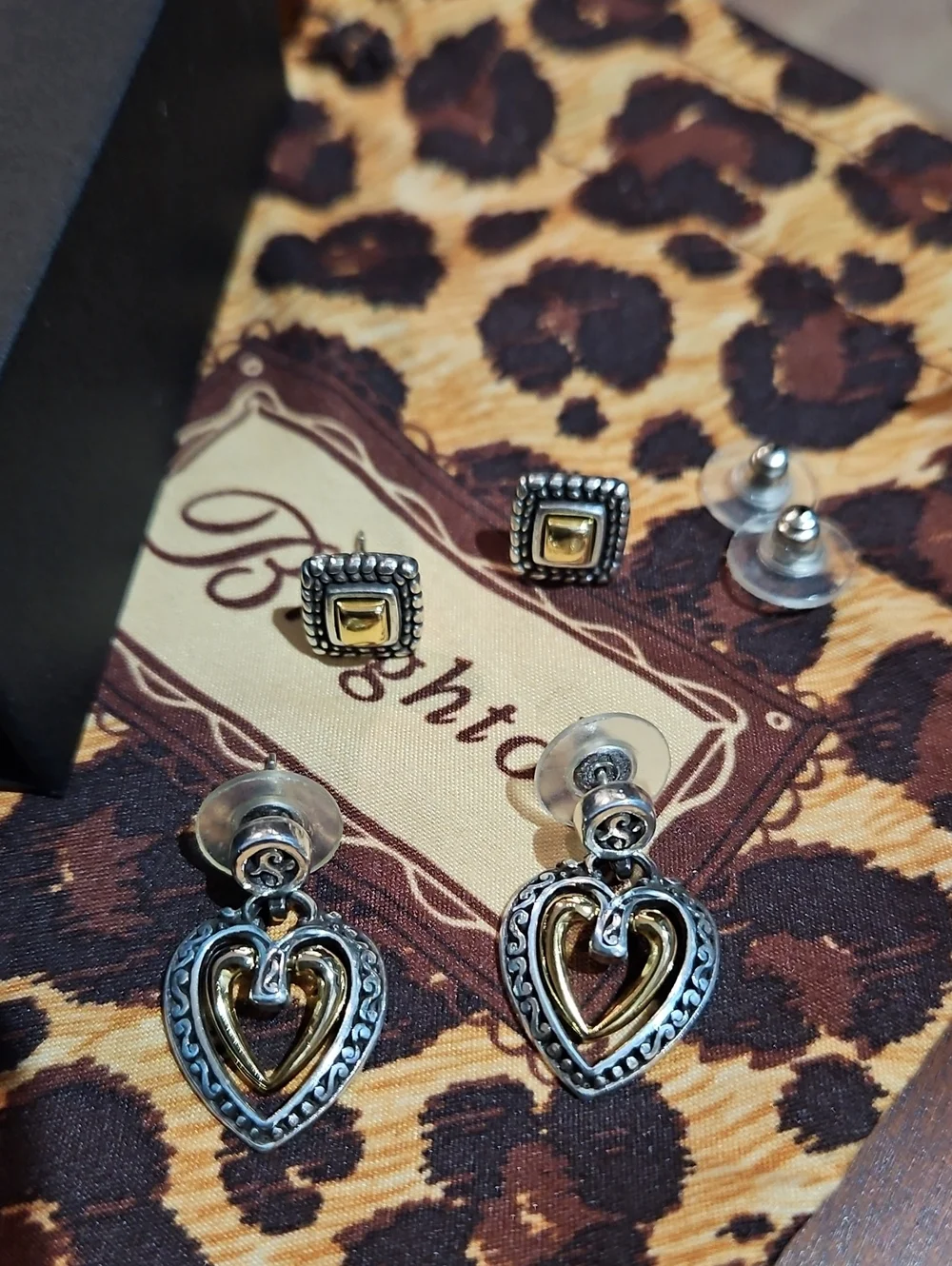 Brighton Silver & Gold-Tone Square Stud and Heart Drop Earrings - 2 Pair Set